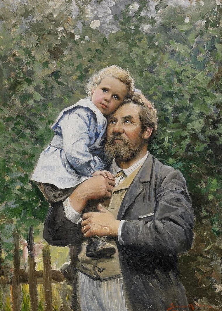 Мужчина с ребенком на руках и собака