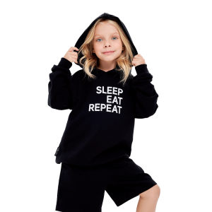 Толстовка с капюшоном Мама знает как! черная «SLEEP. EAT. REPEAT»